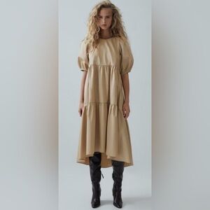 ZARA- Tan Cream Khaki High Low Tiered Poplin
Puff Sleeve Maxi Dress